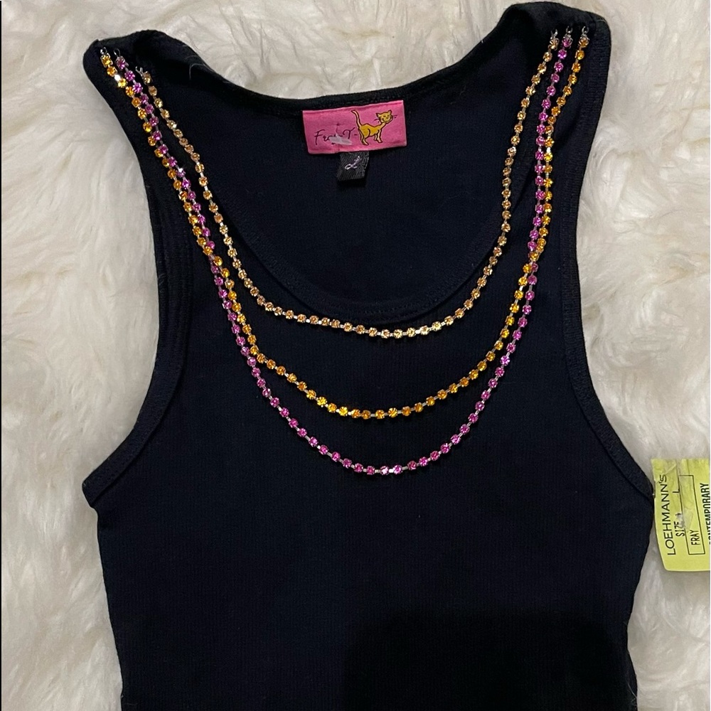 Black Tank Top with rhinestone drape Sz L